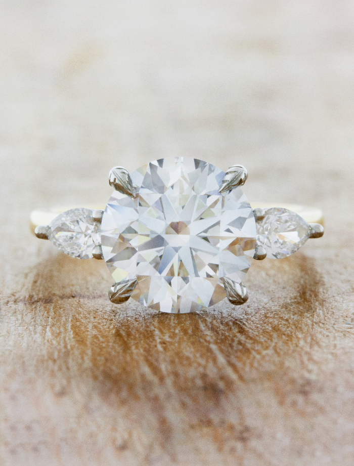 caption:Shown with 3ct round diamond  in mixed 14k yellow gold & platinum setting