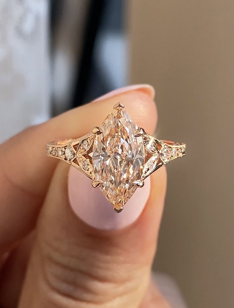 caption:Shown with 2ct fancy pink marquise in 18k rose gold