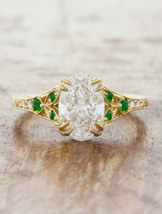 caption:Shown with 1.7ct oval diamond in 14k yellow gold