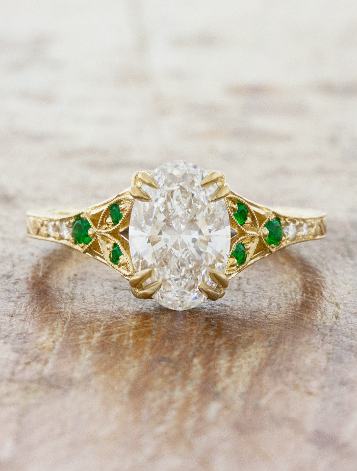 caption:Shown with 1.7ct oval diamond in 14k yellow gold