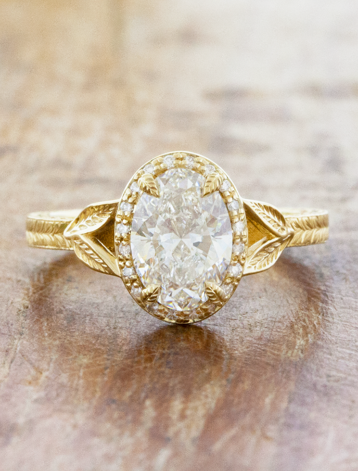 caption:Shown with 1.5ct oval diamond in 14k yellow gold