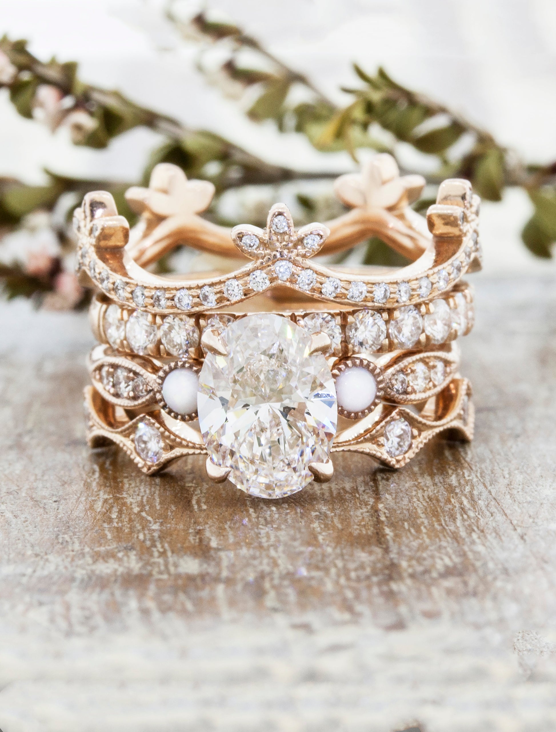 Laura: Three Stone Oval Diamond Ring with Opal Side Stones Ken