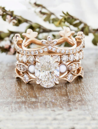 Laura: Three Stone Oval Diamond Ring with Opal Side Stones | Ken & Dana