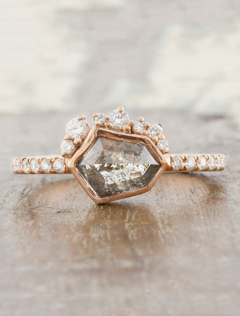 caption:Shown with 1ct hexagon rustic diamond in 14k rose gold
