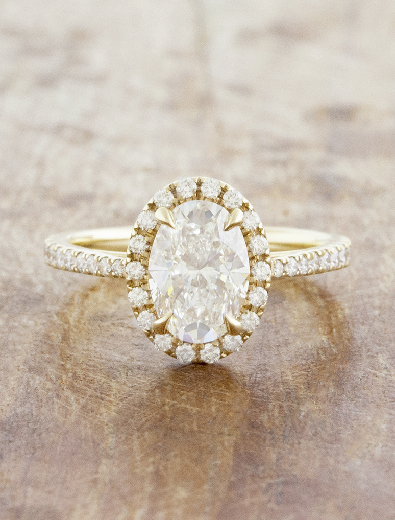 caption:Shown with 1.3ct oval diamond in 14k yellow gold 
