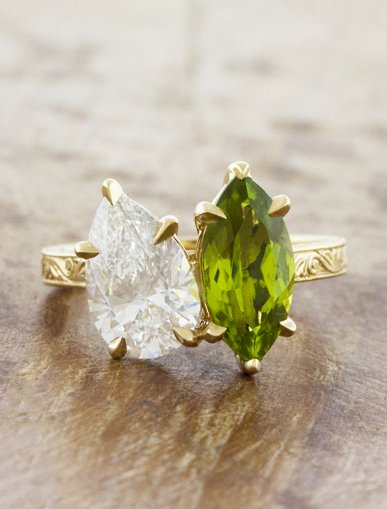 caption:Shown with 2ct pear diamond & 2.2ct marquise peridot in 18k yellow gold