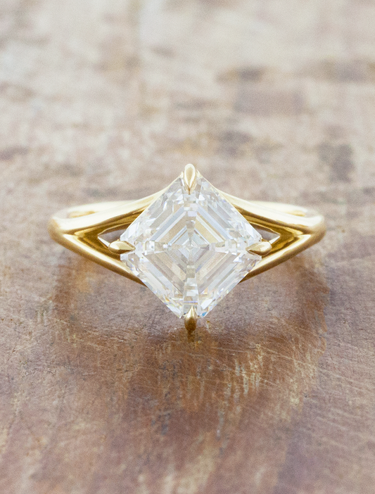 caption:Shown with 3ct Asscher cut diamond in 14k yellow gold 