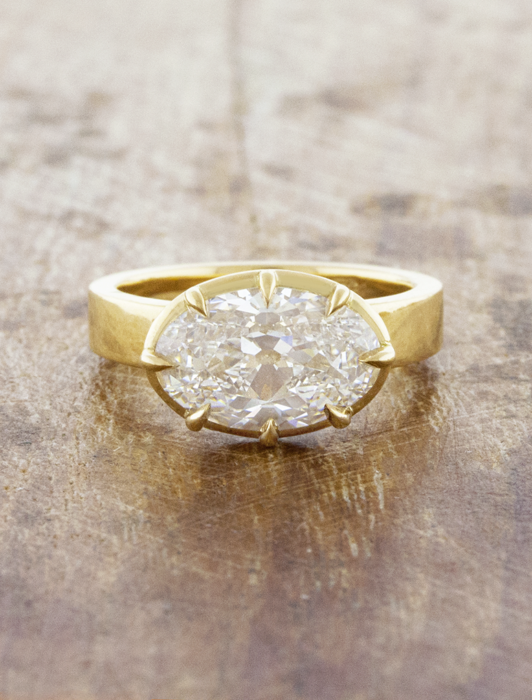 caption:Shown with 3ct antique cut oval diamond in 18k yellow gold