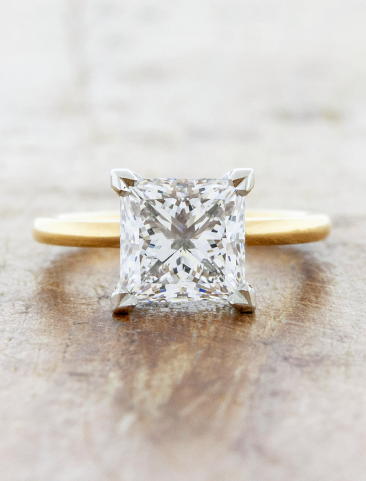 caption:Shown with 2.6ct princess cut diamond in mixed 14k yellow gold & platinum