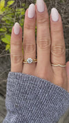 caption:Shown in 2mm width, and stacked with 1ct round cut Emma engagement ring.