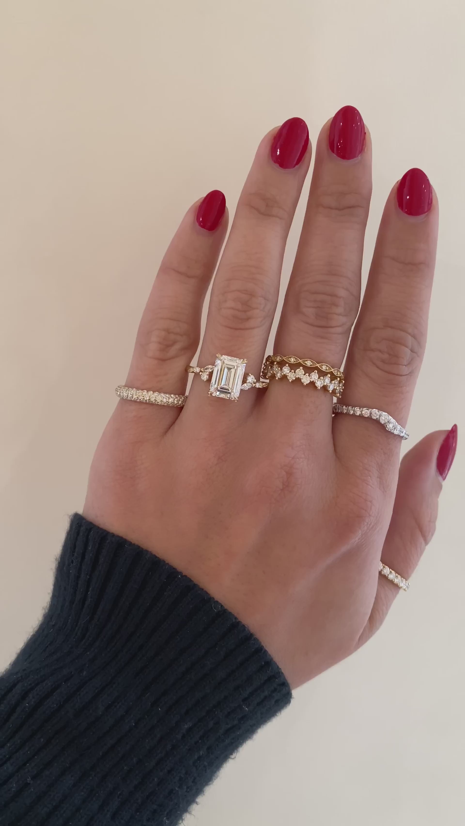 caption:Shown with 3ct emerald cut in 14k yellow gold 