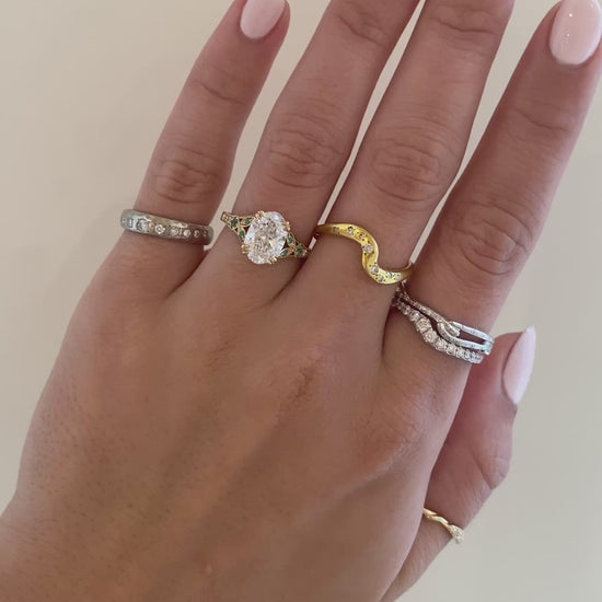 caption:Shown with 1.7ct oval diamond in 14k yellow gold