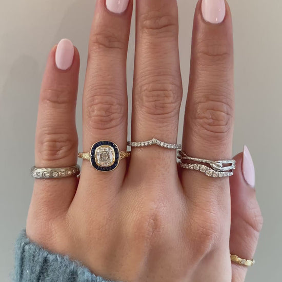 caption:Shown with 1ct cushion cut diamond in 14k yellow gold