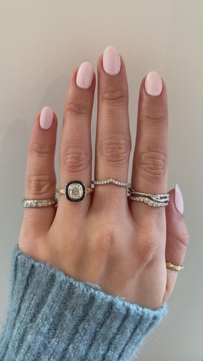 caption:Shown with 1ct cushion cut diamond in 14k yellow gold