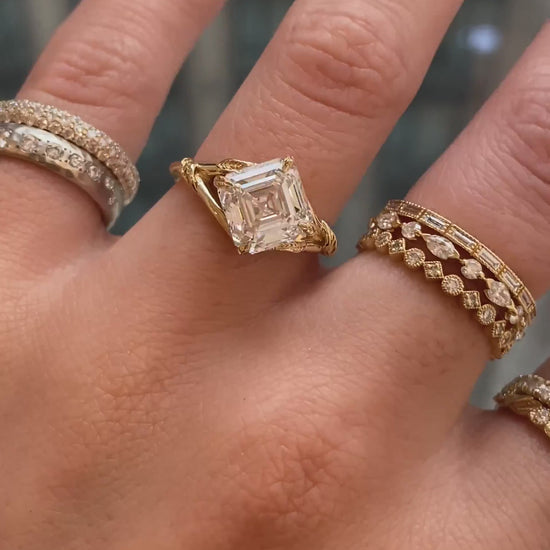caption:Shown with 3ct Asscher cut in 14k yellow gold