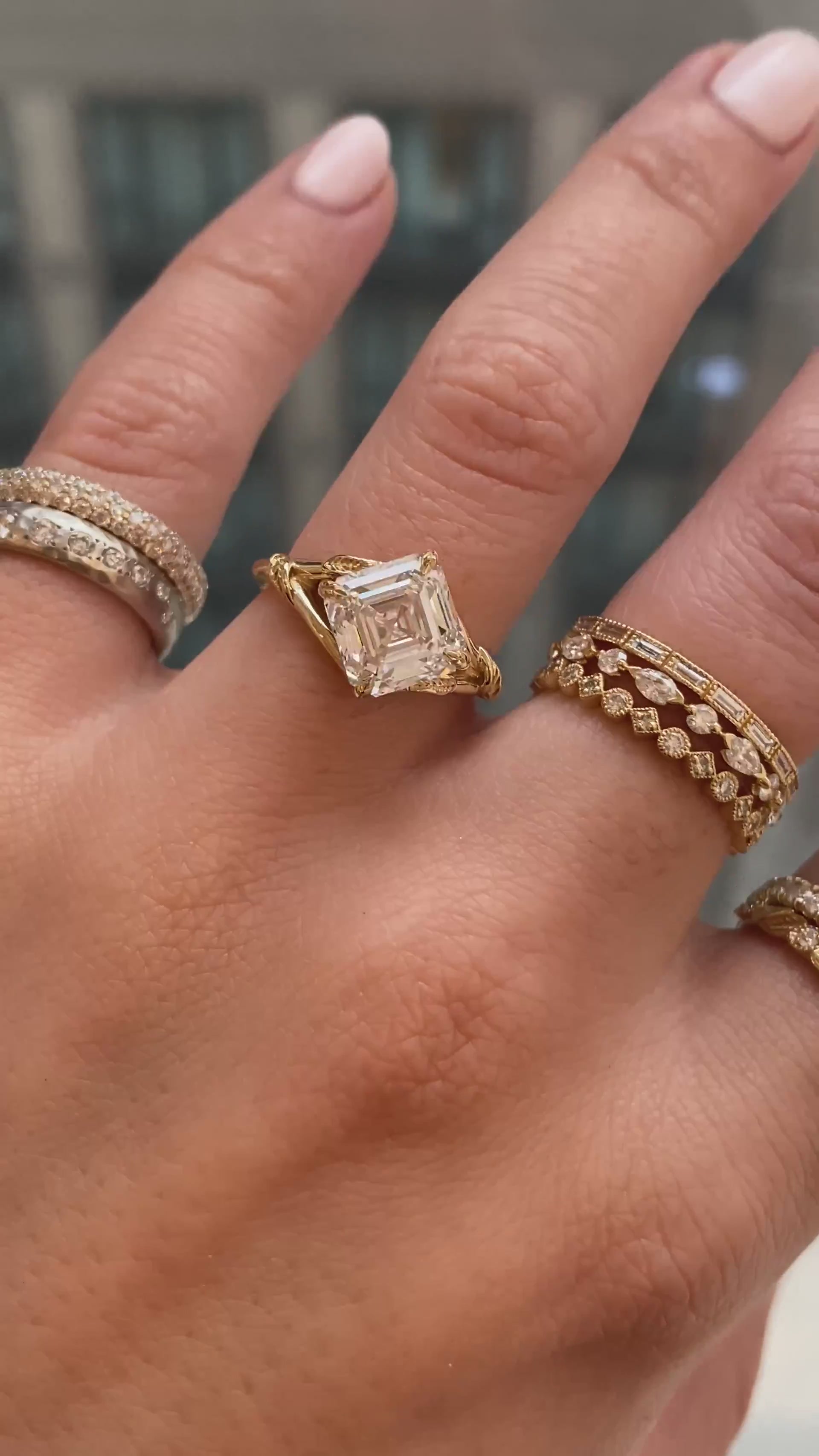 caption:Shown with 3ct Asscher cut in 14k yellow gold