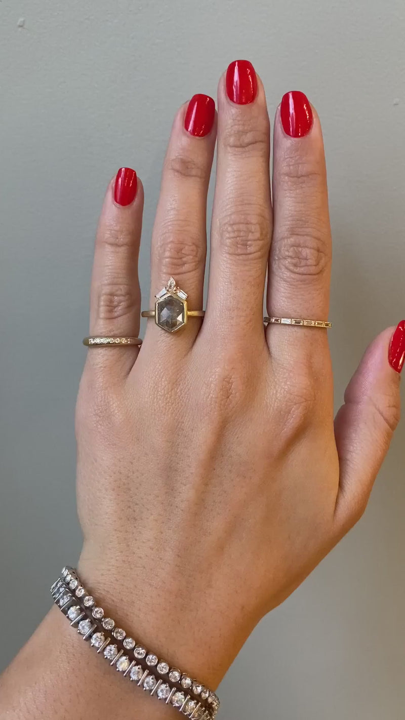 caption:Shown with 2.19ct hexagon grey diamond in 14k yellow gold