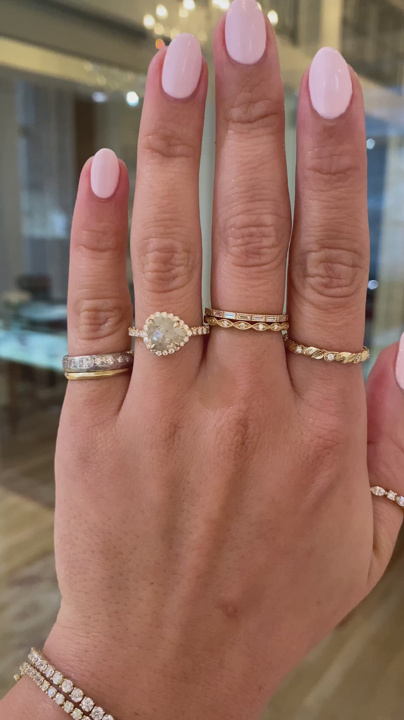 caption:Shown with 1.19ct rustic pear diamond in 14k yellow gold