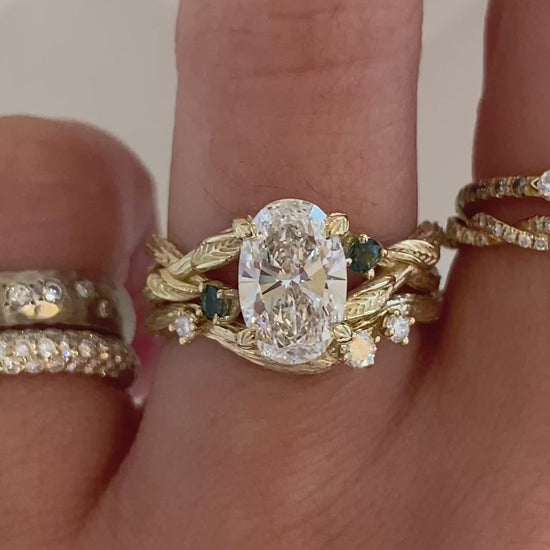 caption:Shown stacked with Astrid 1.5ct oval in 14k yellow gold 