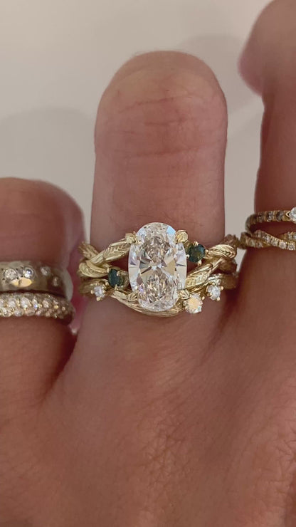 caption:Shown stacked with Astrid 1.5ct oval in 14k yellow gold 