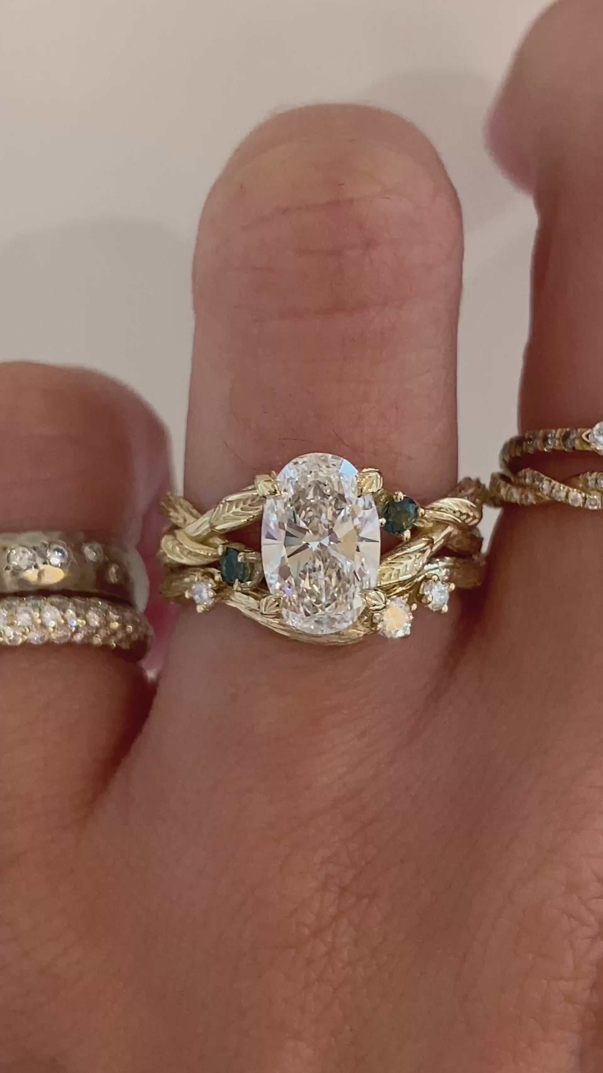 caption:Shown stacked with Astrid 1.5ct oval in 14k yellow gold 