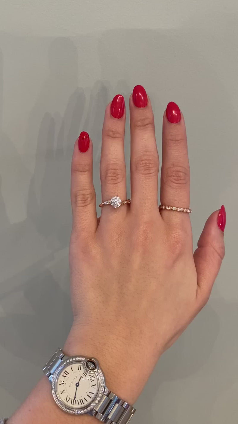 caption:Shown with 1ct round diamond in 14k rose gold