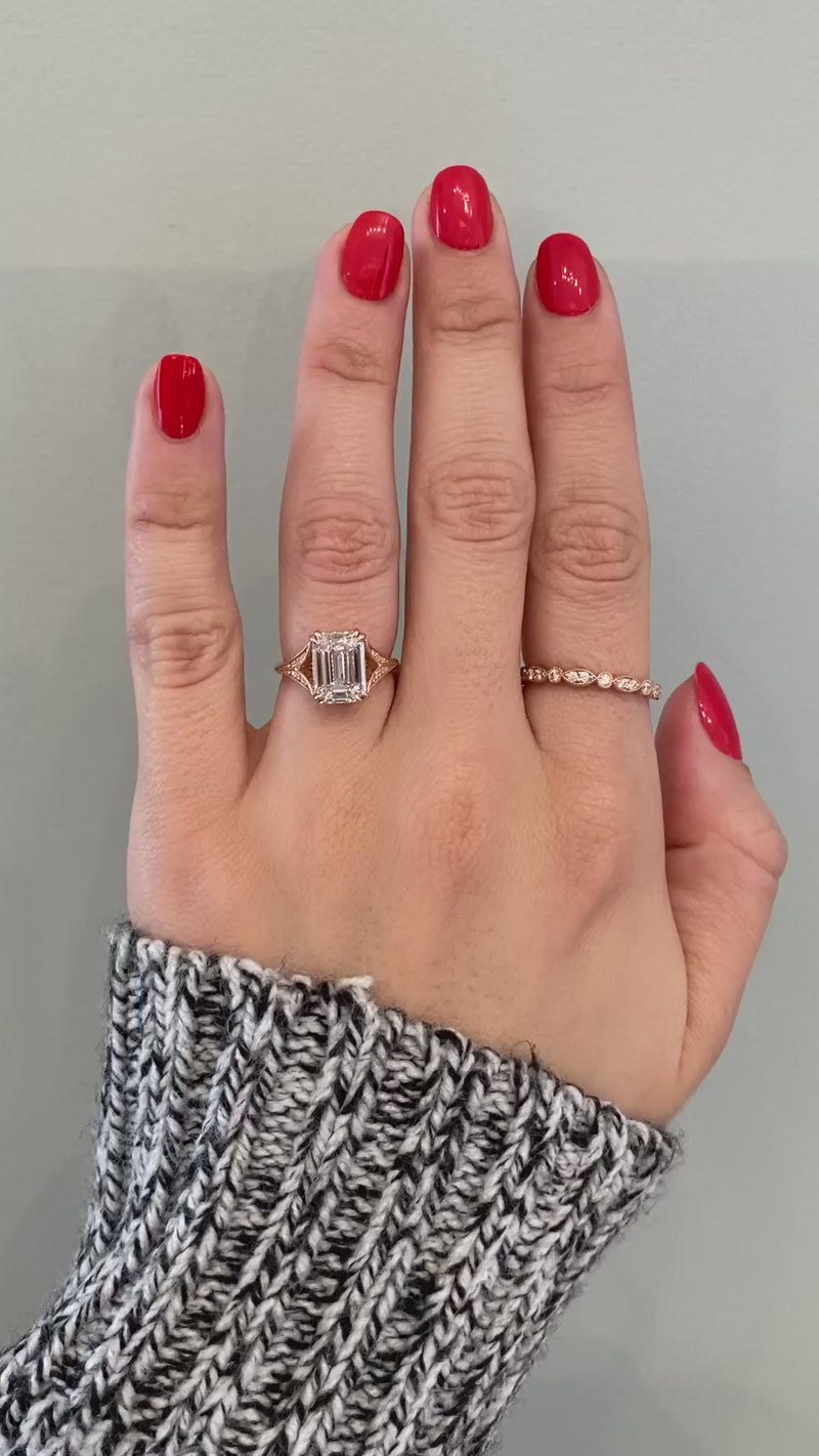 caption:Shown with 2.5ct emerald cut diamond in 18k rose gold