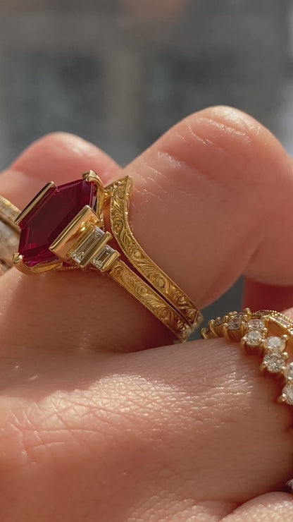 caption:Shown stacked with Decca 2.5ct ruby in 18k yellow gold 
