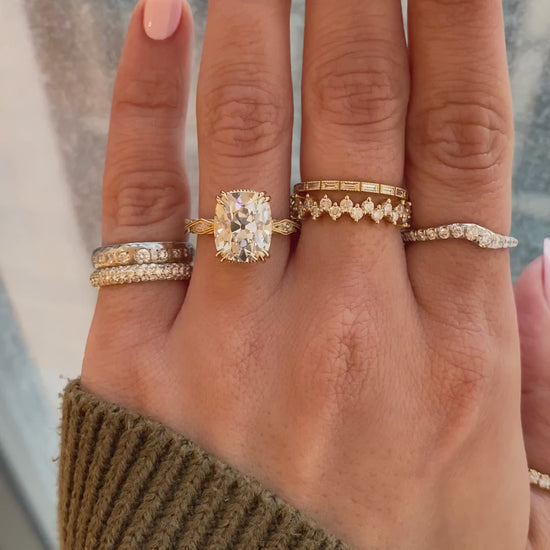 caption:Shown with a 5ct Old Mine Cut diamond in 14k yellow gold