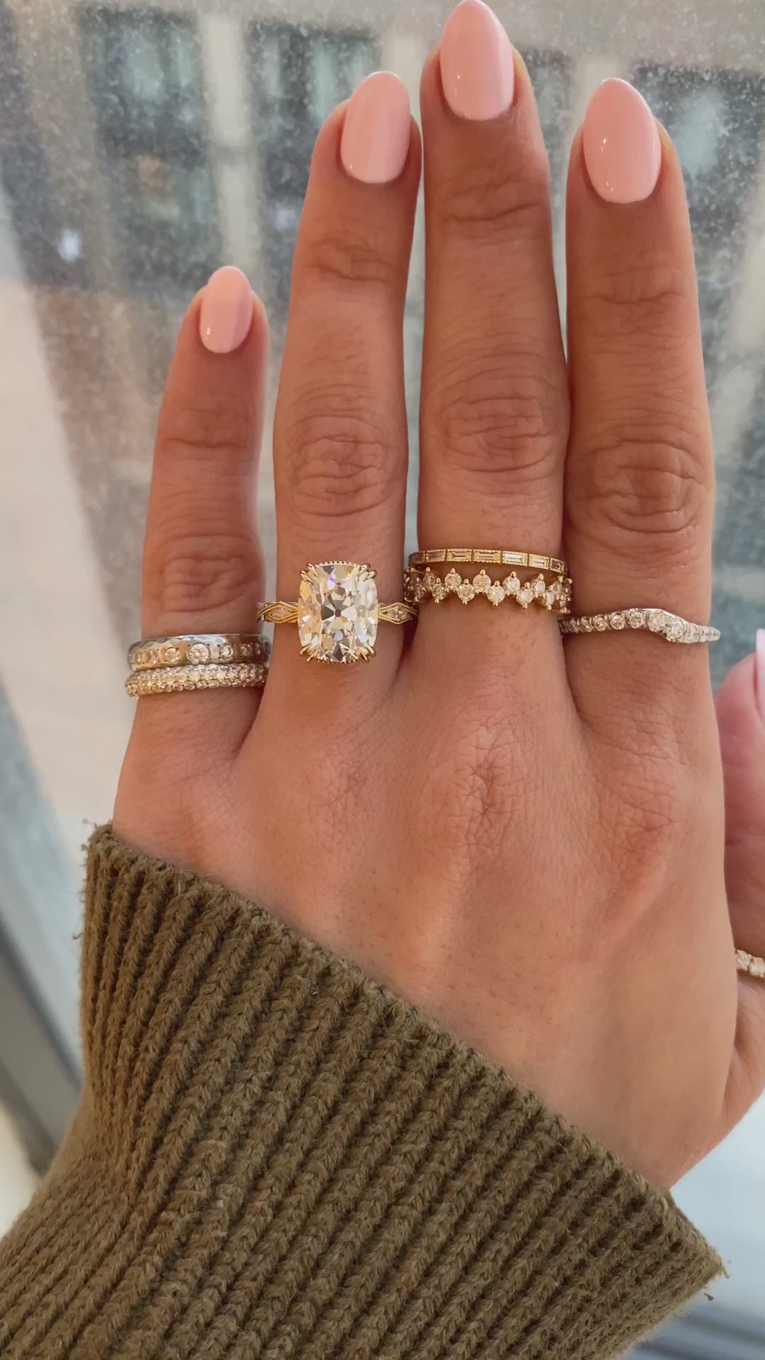 caption:Shown with a 5ct Old Mine Cut diamond in 14k yellow gold