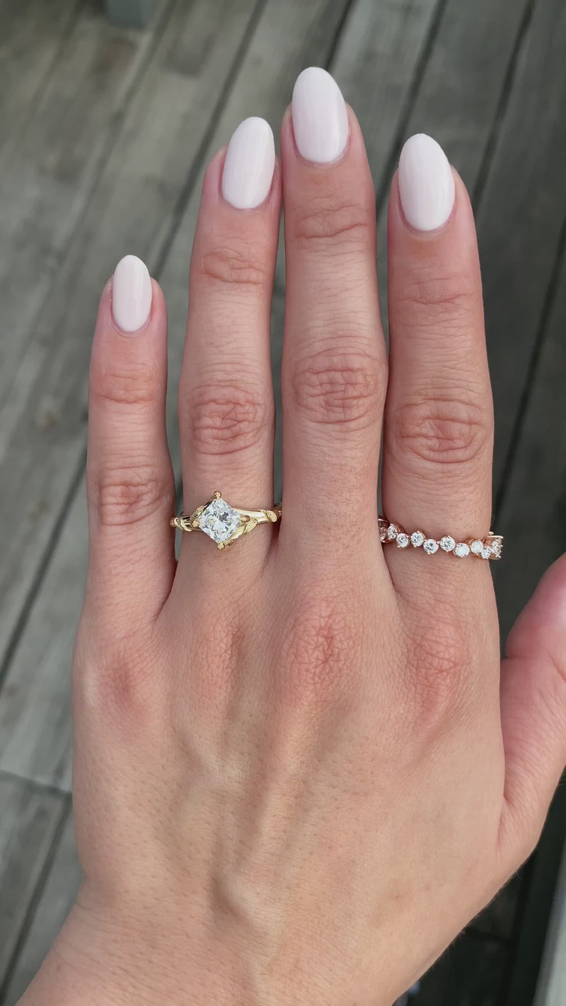 caption:Shown with 1ct princess cut diamond in 14k yellow gold