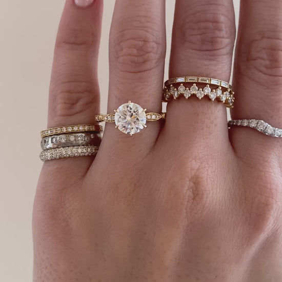 caption:Shown with 2ct round cut in 14k yellow gold 