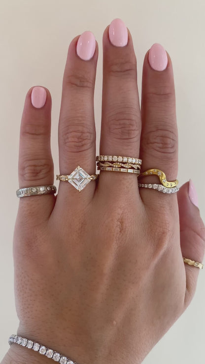 caption:Shown with 2.75ct Asscher in 14k yellow gold