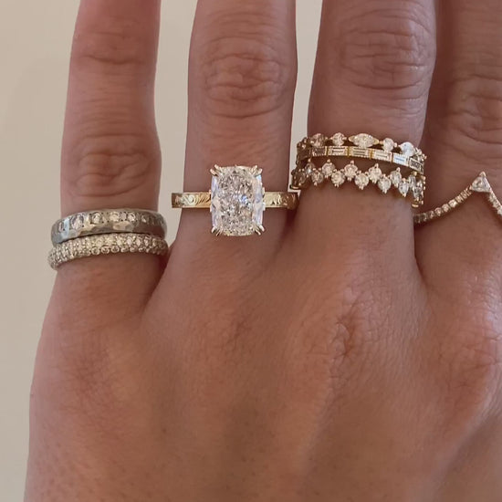 caption:Shown with 3ct cushion cut in 14k yellow gold 