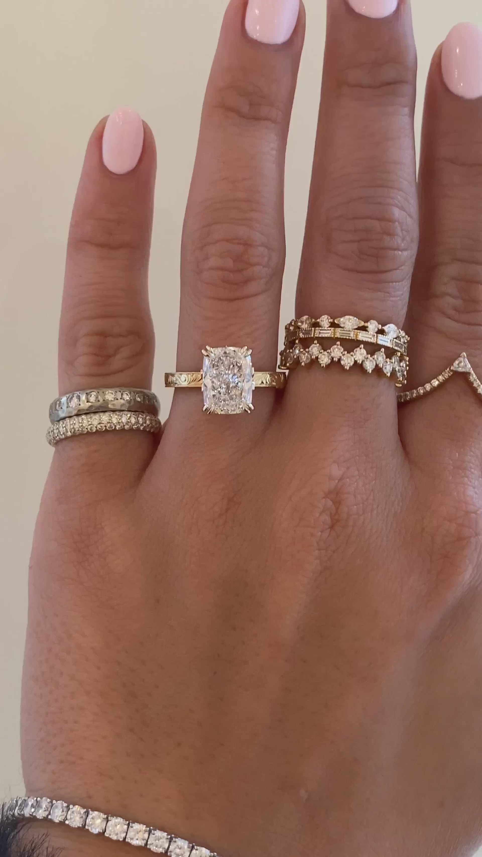 caption:Shown with 3ct cushion cut in 14k yellow gold 