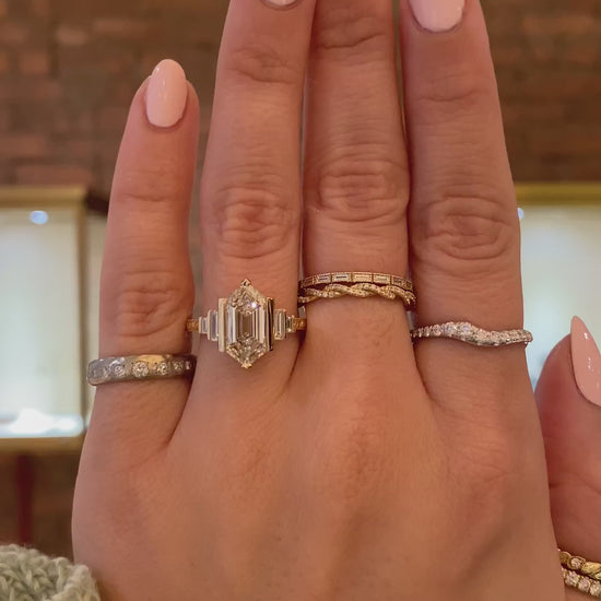 caption:Shown with 3ct hexagon diamond in 18k yellow gold 