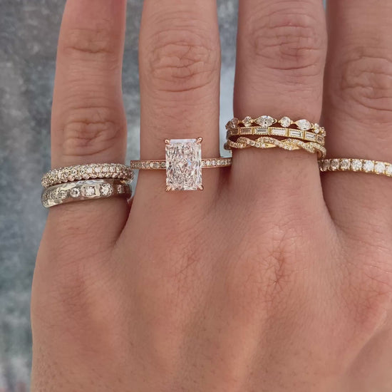 caption:Shown with 2ct radiant cut diamond in 14k rose gold 