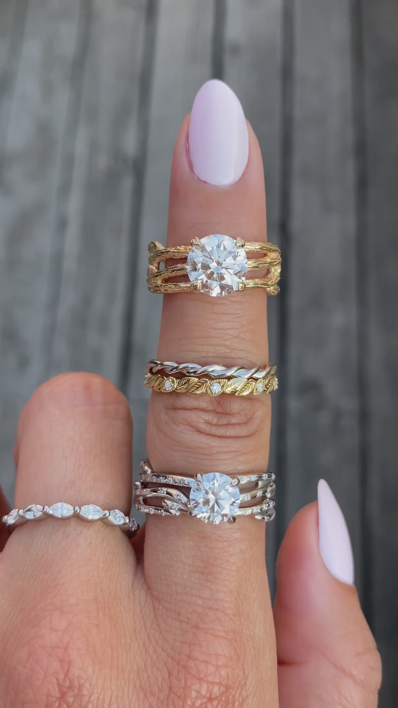 caption:Shown with 2ct round diamond in 14k yellow gold, next to Melinda & Selene