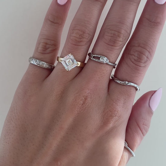 caption:Shown with 2.75ct Asscher cut in 14k yellow gold