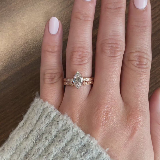 caption:Stacked with Lola engagement ring in 14k rose gold