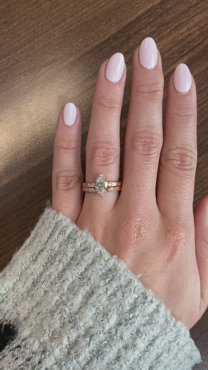 caption:Stacked with Lola engagement ring in 14k rose gold