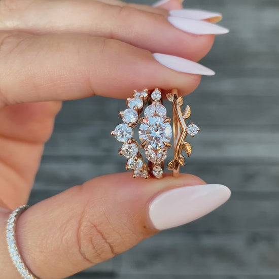 caption:Stacked with Jacqueline engagement ring & Adelixa wedding band in 14k rose gold