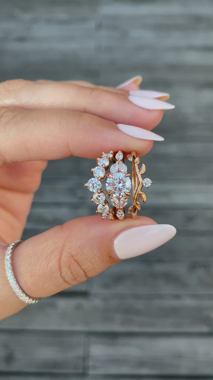 caption:Stacked with Jacqueline engagement ring & Adelixa wedding band in 14k rose gold