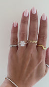 caption:Shown with 3ct radiant cut in 14k yellow gold 