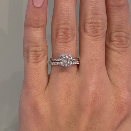 caption:Shown with 2ct cushion, paired with Tess wedding band (sold separately)