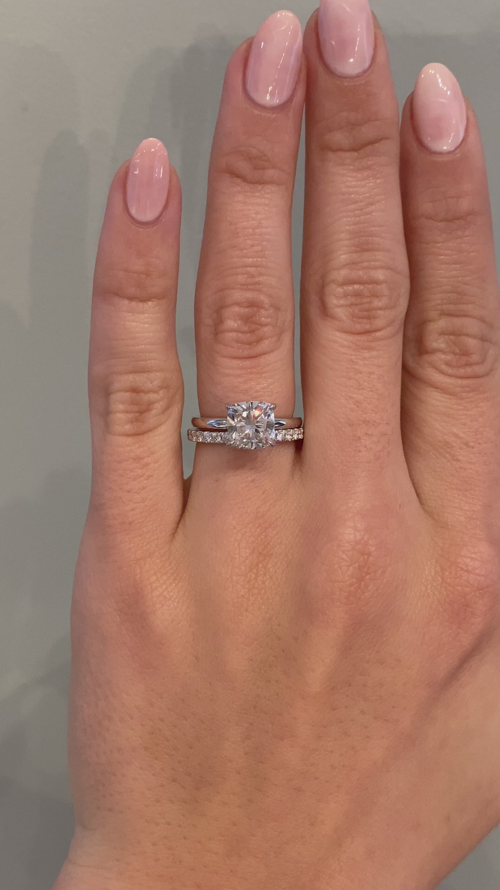 caption:Shown with 2ct cushion, paired with Tess wedding band (sold separately)