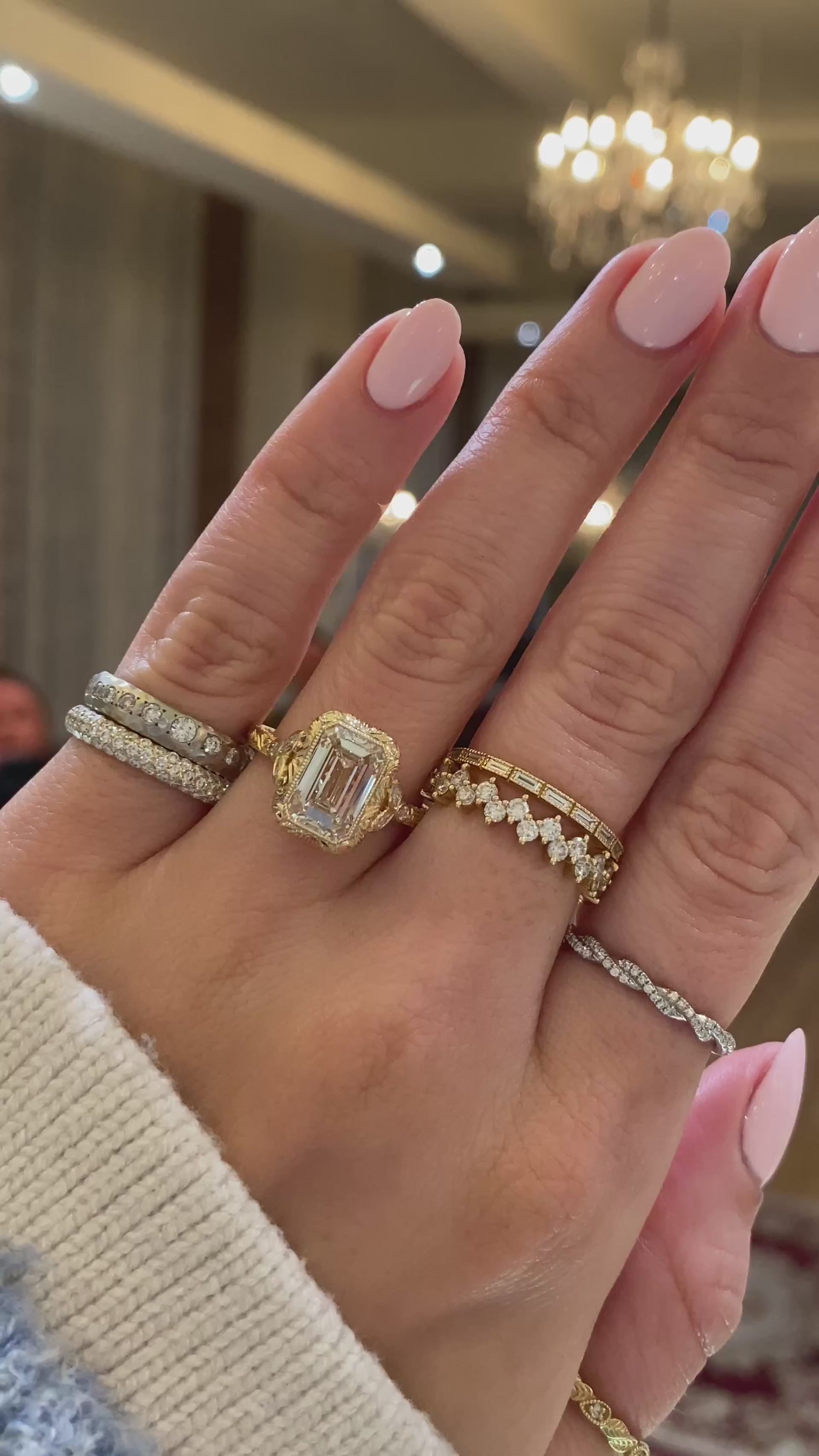 caption:Shown with 3ct emerald cut in 14k yellow gold 