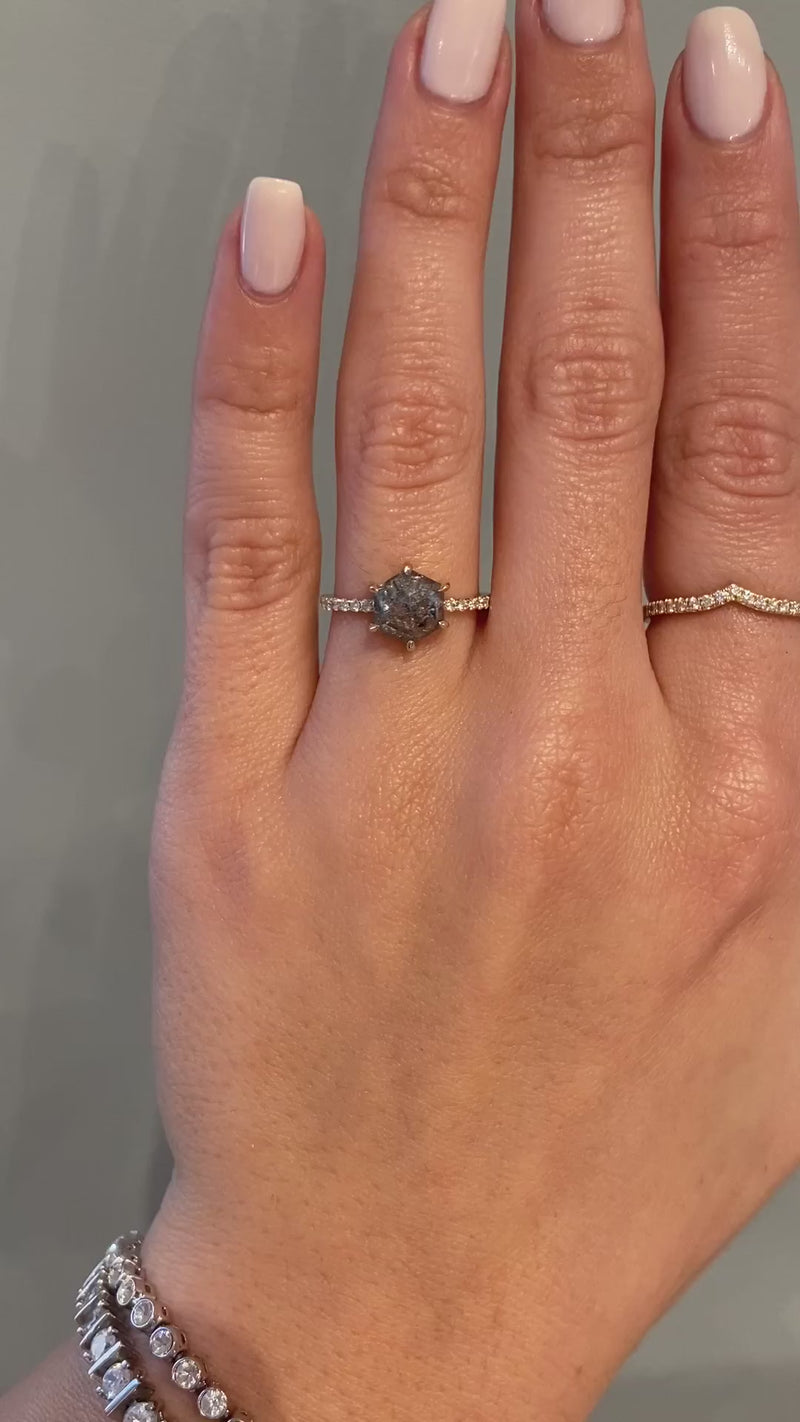 caption:Shown with 1.68ct hexagon salt & pepper diamond in 14k yellow gold