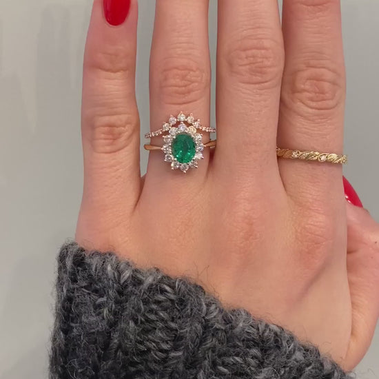 caption:Shown with green emerald oval cut, paired with Anne wedding band 