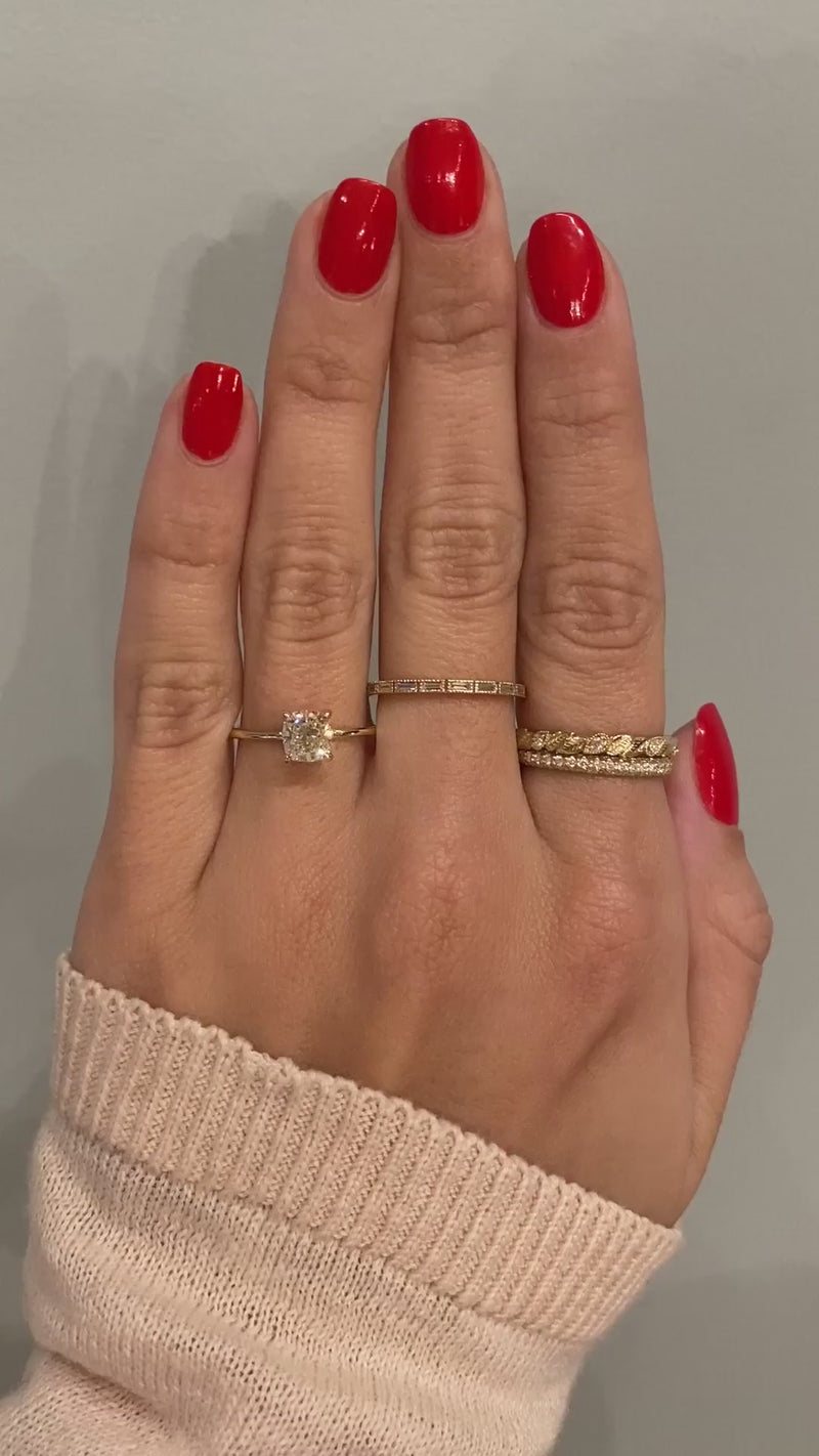 caption:Shown with a 1ct cushion cut diamond in 14k yellow gold